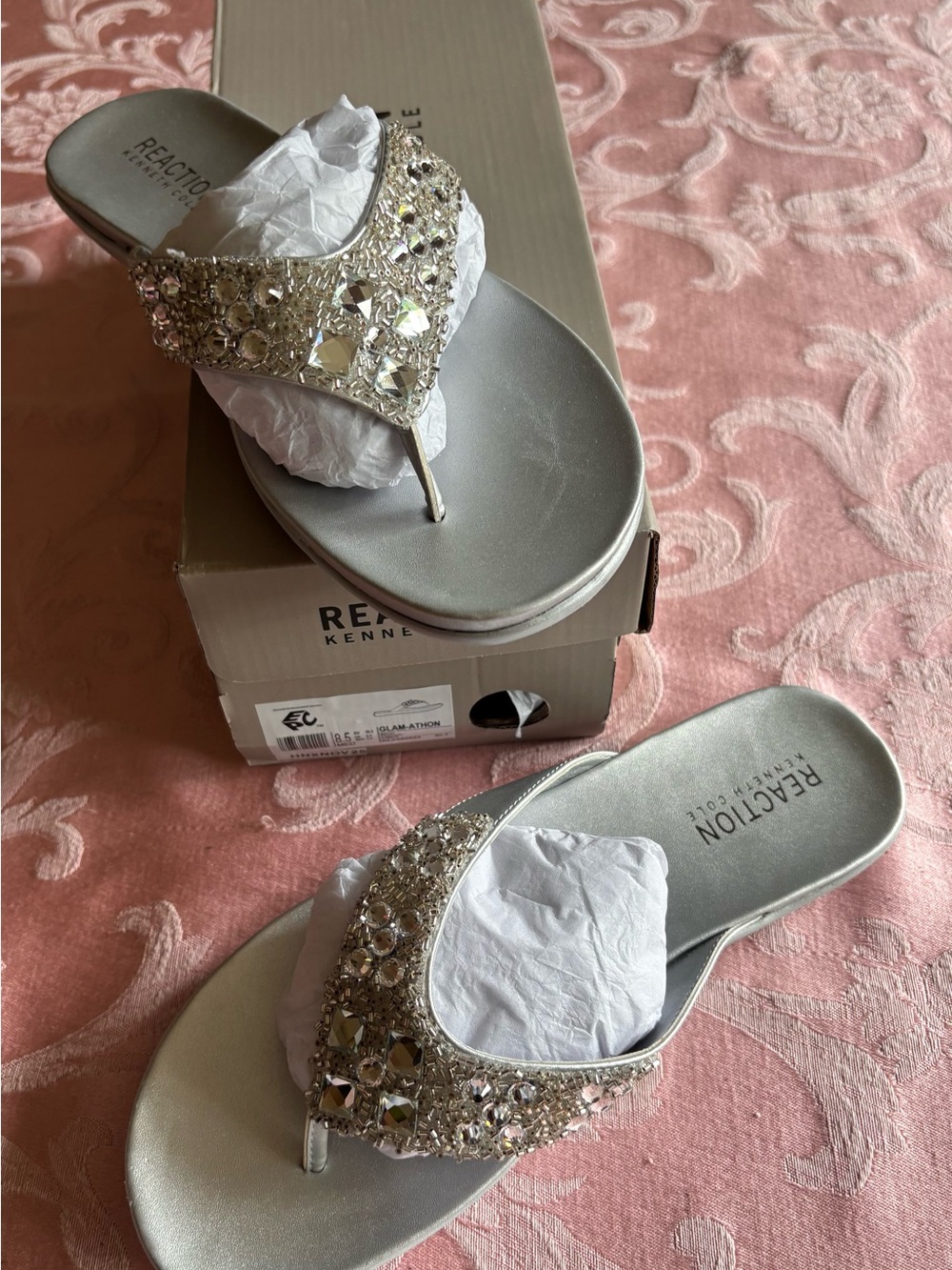 Kenneth Cole Silver Jeweled Thong Sandals